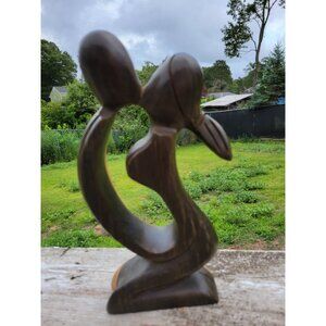 Ebony Wood Carved Abstract Art Sculpture Lovers Embracing Kissing 10" Figurine